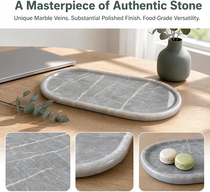 Genuine 100% Natural Marble Tray, Luxury Glacier Grey Stone Vanity Tray | 11.8" x 5.9" Decorative Oval Trays for Countertop Storage, Bathroom, Dresser, Kitchen, Home Decor, Jewelry Makeup Organizer
