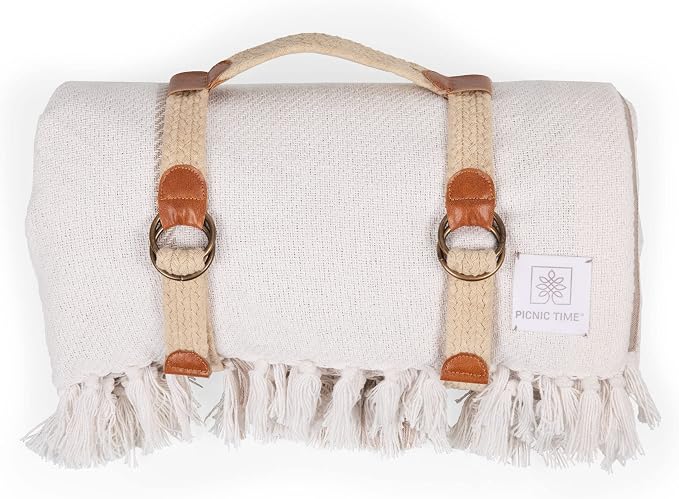 Picnic TIME Montecito Picnic Blanket with Harness, Large 60" x 70" Outdoor Blanket, Woven Cotton Top with Water-Resistant Poly Duck Backing, Sandproof Beach Mat for Camping & Travel (White & Taupe)