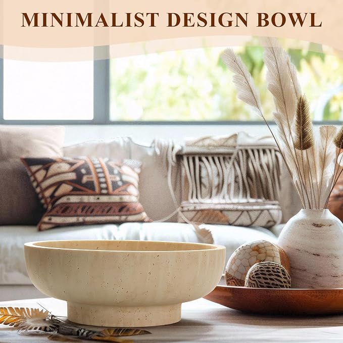 YMXYJM Large Decorative Bowl, Fruit Bowl for Kitchen Counter, Modern Resin Bowl for Home Decor, Key Holder for Entry Table, Artificial Travertine Beige