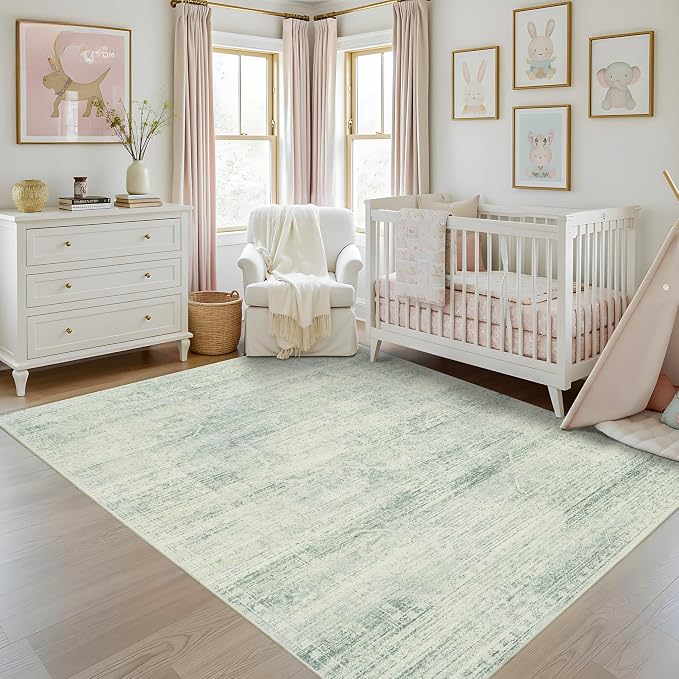 Latte&Fog 5x7 Area Rugs for Living Room, Washable Green Rugs for Bedroom | Non Slip Low Pile Soft Floral Viintage Carpet for Dining Kitchen Kids Playroom Nursery Classroom Dorm Farmhouse Office
