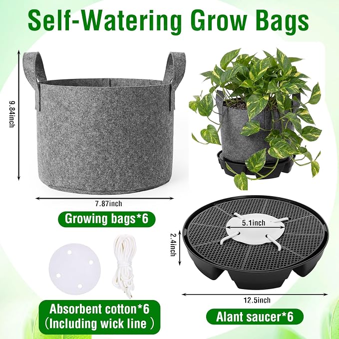 Jingmore 6 Set 3 Gallon Grow Bag Self Watering Fabric Pot Base Automatic Watering System Plant Nonwoven Grow Bag with Handle Plant Saucer Elevate Flower Tray for Garden Indoor Outdoor Greenhouse(Grey)