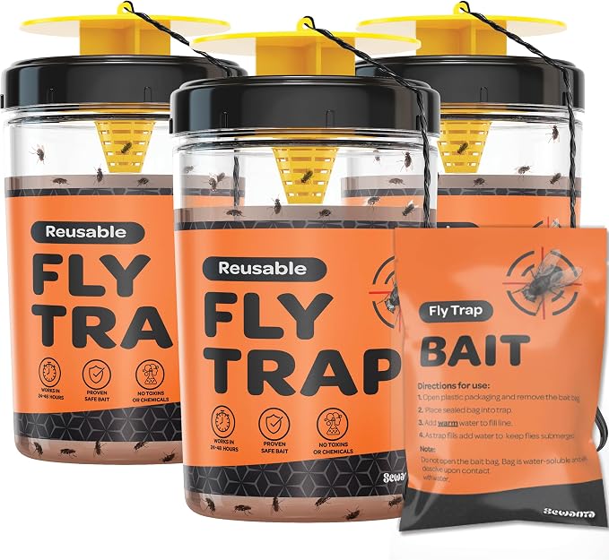 Fly Traps Outdoor [Set of 3] with Dissolvable Non-Toxic Bait - Reusable Hanging Bug Catcher Killer for All Flies for Outside Bug Control Patios, Barns, Ranches Etc. Hanging Fly Traps with Tie Included