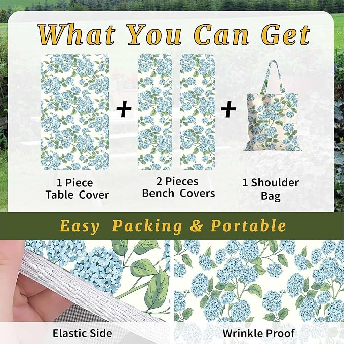 Picnic Table Cover with Bench Covers Elastic,Fitted Table Cloths for Rectangle Tables 6 Foot Washable,Waterproof Tablecloth for Outdoor Camping Essentials (Blue Hydrangea, 6 Foot)