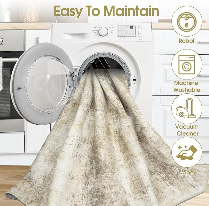Tosuoka 6x9 Area Rugs for Living Room Abstract Washable Beige Grey Rug | With Anti-Slip Backing，Non-Shedding，Stain-Resistant，Soft Modern Large Carpet for Bedroom Dining Room Farmhouse Nursery