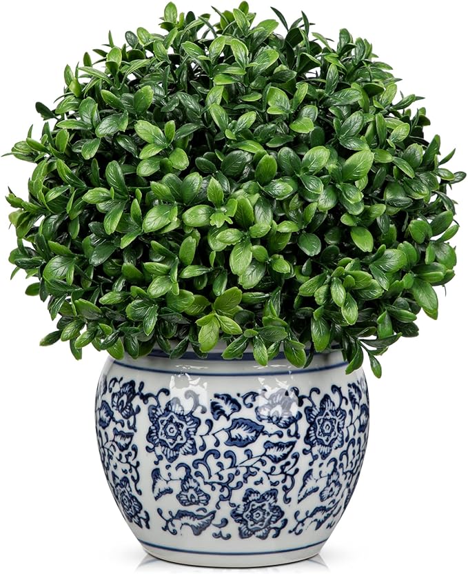 DILATATA Artificial Topiary Boxwood Ball in Blue and White Ceramic Pot, 9 Inch Artificial Boxwood in Planters Decorative Fake Greenery for Table Centerpiece Indoor Plant Home Decor - Small