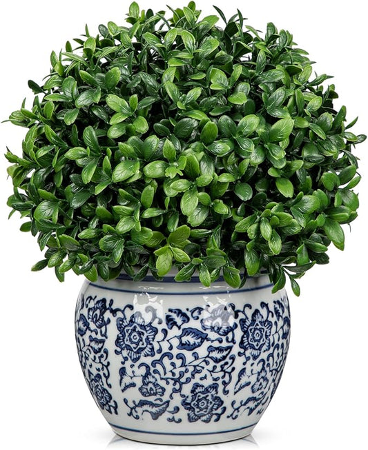 DILATATA Artificial Topiary Boxwood Ball in Blue and White Ceramic Pot, 9 Inch Artificial Boxwood in Planters Decorative Fake Greenery for Table Centerpiece Indoor Plant Home Decor - Small