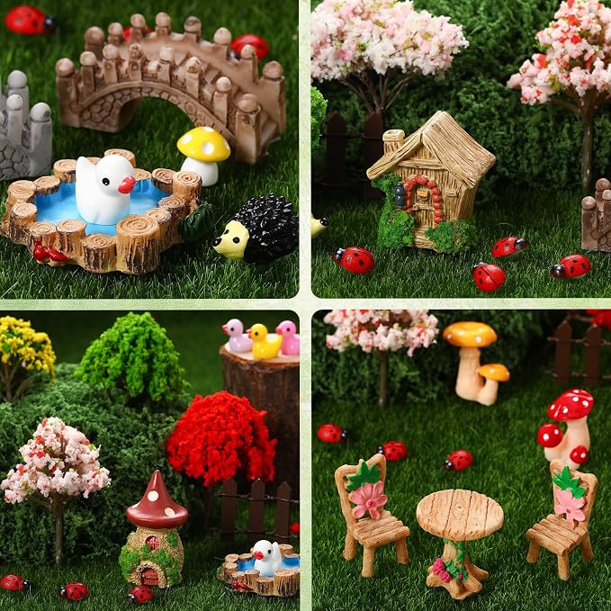 68 Pcs Fairy Garden Accessories Mini Resin Animals Figures | Miniature Ducks Mushroom Ladybug Table and Chairs Bridge Pond Fence Moss Bonsai Landscape Ornaments Kit for Garden DIY Craft