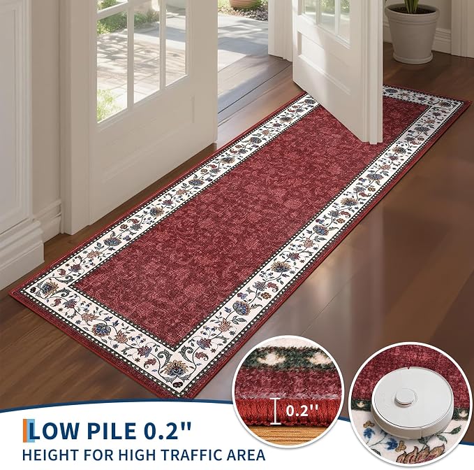 Garvee 6x9 Area Rugs Vintage Floral Washable Rugs Soft Rug | Red Boho Border Area Rug Stain Resistant Easy Cleaning Throw Rugs Non Shedding Low Pile Floor Cover for Nursery Dining Room