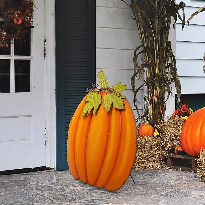 Glitzhome 37.5"H Fall Decorative Yard Signs with Stakes, Oversized Metal Pumpkin Garden Yard Stake for Home Lawn Yard Pathway Front Door Fall Harvest Thanksgiving Wall Hanging Decor