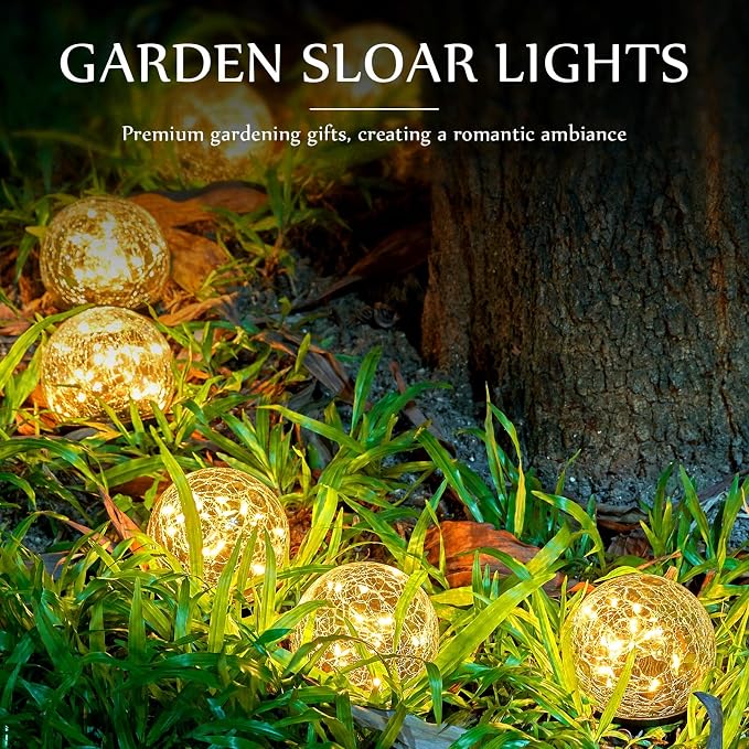 Honoson 3.9 Inch Solar Globe Lights Outdoor - Waterproof Cracked Glass Balls for Lawn Patio Yard Backyard Decorations, Warm Yellow Solar LED Lights with Easy Installation,Durable Design (12 Pcs)