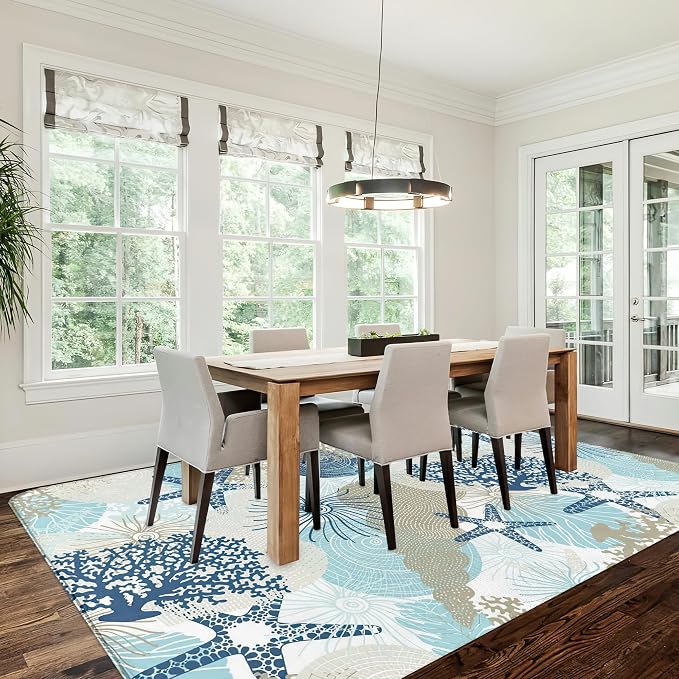 Coastal Starfish Area Rugs for Living Room 5x7,Beach Coral Seashell Bedroom Rug Washable Non-Slip Soft Floor Big Carpets for Dining Room Nursery,Kids Home Decor Aesthetic