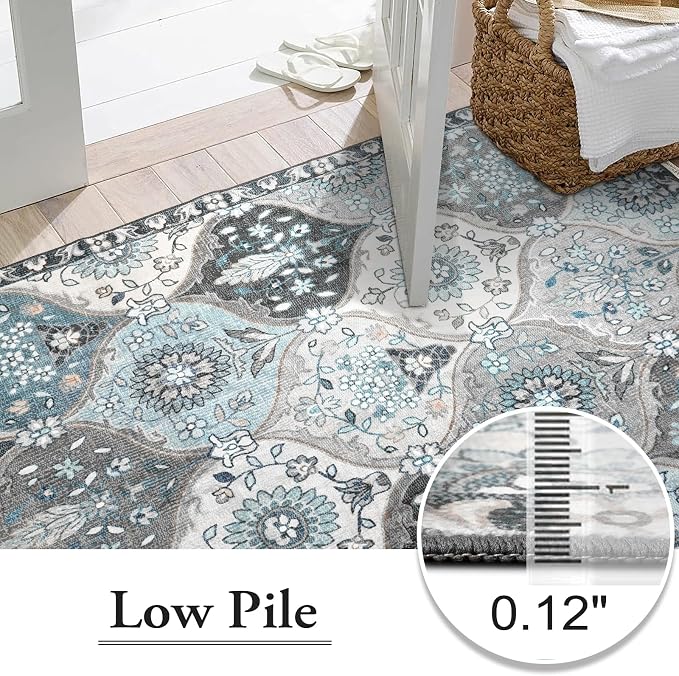 Lahome Moroccan Washable Rugs 9x12, Soft 9x12 Area Rug for Living Room | Bedroom Trellis Ultra-Thin Non-Slip Non Shedding Distressed Throw Large Carpet for Dining Room Office Elise, Blue