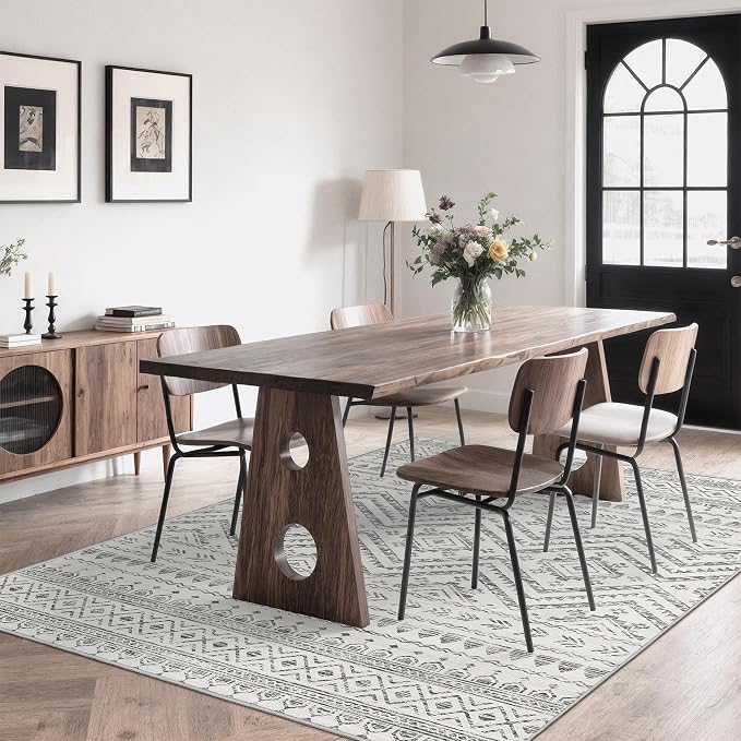 Miukiki 5x7 Washable Area Rug for Living Room, Soft Non Slip Rug Grey | Non-Slip Thin Throw Rug for Bedroom Kitchern Dining Room Office, Low Pile Indoor Floor Carpet with Vintage Pattern 5'x7'