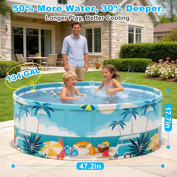 Foldable Kids Pool Hard Plastic Collapsible Deep Kiddie Pool Small Toddler Pools for Swimming, Backyard Dog Pool (Beach Party 47.2"x17.7")
