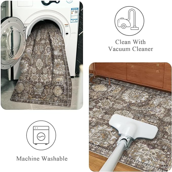 Washable Area Rugs - Perfect for Living Room, Bedroom, Kids Room, Nursery - Stain & Water Resistant Non-Slip, Pet & Child Friendly, Vintage Tribal Area Rugs (Ivory, 3' x 5 ')