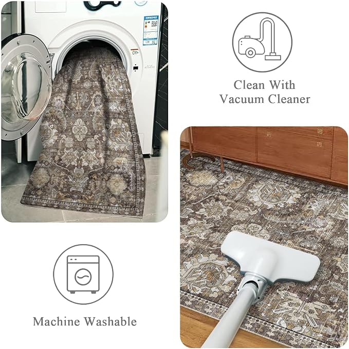 Washable Area Rugs - Perfect for Living Room, Bedroom, Kids Room, Nursery - Stain & Water Resistant Non-Slip, Pet & Child Friendly, Vintage Tribal Area Rugs (Ivory, 5' x 7')
