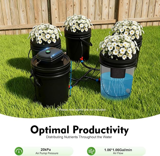 DWC Hydroponics Grow System 5.28 Gallon Deep Water Culture Kit with 12W 110V Air Pump, Five 12inch Buckets & Air Stones for Indoor Gardening Vegetables Herbs (5 Buckets+5.28Gal)