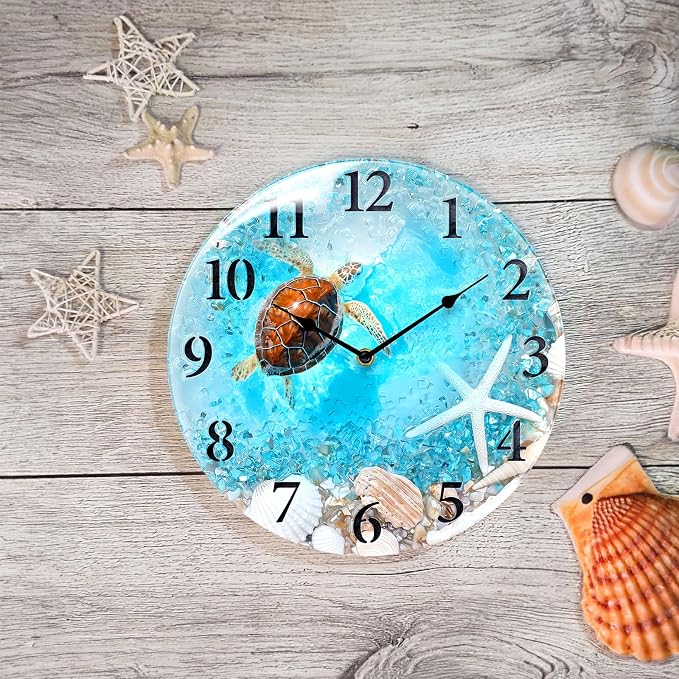 WISKALON Coastal Nautical Glass Wall Clock with Seashell Design and Turtle Beach Theme - Battery Operated Silent Wall Decor for Home, Kitchen, Living Room, Office, Bedroom, or Bathroom (12 Inch,Blue)