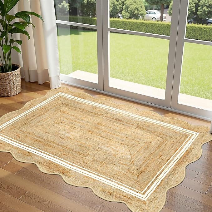 3x5 Entryway Rug - Small Washable Front Door Mat Outside Entrance | Non-Slip Indoor Outdoor Mats for Front Door Jute-Look Neutral Porch Rug Scalloped Rugs for Entryway Kitchen Mudroom Decor