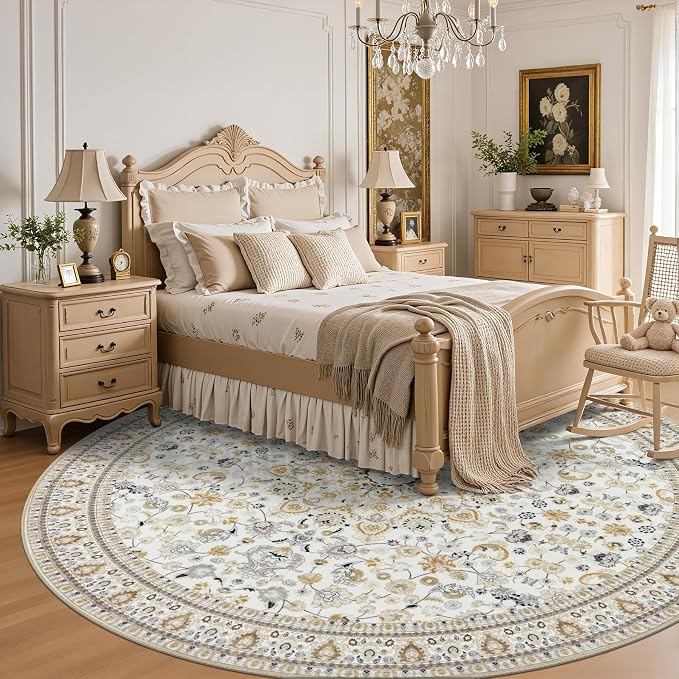 Round Area Rug for Living Room: 8ft Washable Rug for Bedroom Beige | Vintage Boho Soft Round Rug Indoor Floor No Slip Carpet Stain Resistant Rugs for Bedroom Dining Room Nursery Home Office