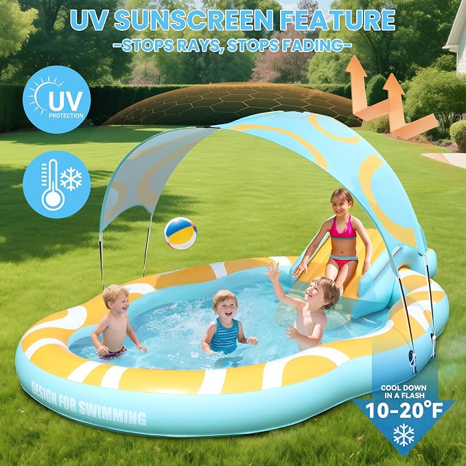 Inflatable Toddler Pool with Slide & Canopy, Backyard Kiddie Pool for Kids | Large Size 126"*72"*52", Thickened Durable, Soft Buffer Pad