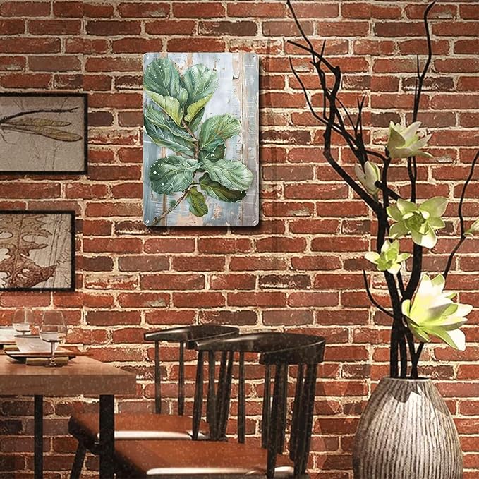 Metal Sign Tin Sign Vintage Wall Art Antique Artistry Fiddle Leaf Tin Sign for Distressed Wood Wall Art Green Thumbs and Botanical Garden Sign for Restaurant 12×16 Inches