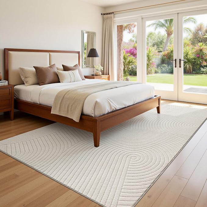 U'Artlines 5x7ft Washable Area Rug for Living Room, Beige | Minimalist Modern, Non Slip, Soft Cozy Fluffy, High-Low Pile Rug for Bedroom, Carpet for Dining Area, Kids Nursery Room