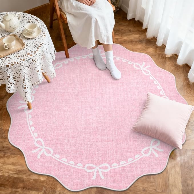 GarveeHome 6ft Round Rugs Washable Scalloped Bow Rug for Bedroom, Pink | Non Slip Soft Low Pile Ultra-Thin Stain Resistant Indoor Carpet for Living Room Nursery Girls Dorm Decor Kids Room Playroom