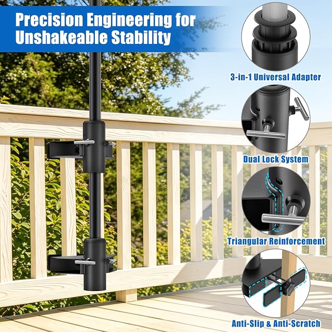KingDolly No Drill Design Patio Umbrella Holder for Deck Railing, Space-Saving Umbrella Deck Mount Fit for 1''-1.9'' Poles, Umbrella Stand for Deck Railing, Deck Umbrella Clamp for Balcony Garden