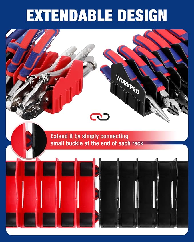 WORKPRO 4-Pack Plier Organizer Rack, 40-Slot Tool Organizer and Storage | Large Capacity Plier Holder, Non-Slip Rubber Base, High-Strength Plastic, Extendable Tool Box Organizer, Pliers Not Included