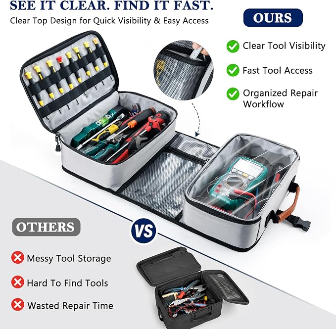 Heavy Duty Tool Bag Organizer with Clear Lid Compartments for Electrician, Portable Tool Organizer Case for Multimeter, Diagnostic & HVAC Repair Tools, Roll Up Tool Bag Organizer