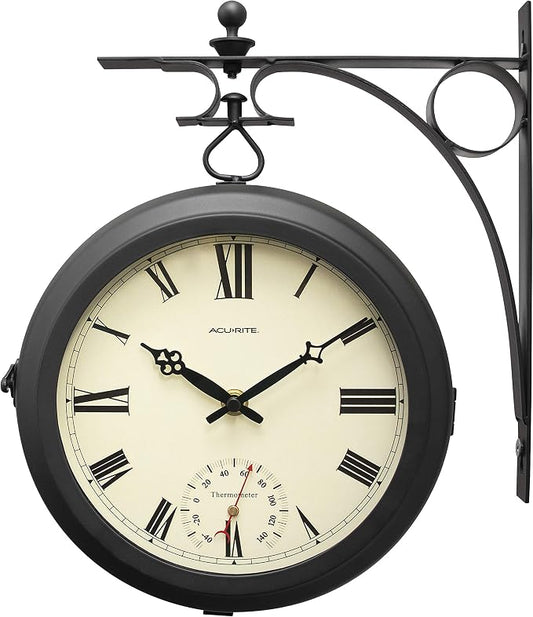 AcuRite 9-Inch Indoor/Outdoor Double-Sided Hanging Clock with 360-Degree Spin Functionality, Iron Metal Frame, Glass Lens, Quartz Crystal Movement, Weatherproof and Premium Thermometer (75140M),Black
