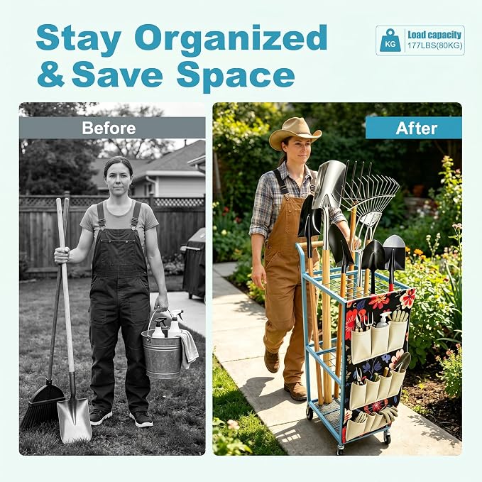 Garden Tool Organizer with Wheels 3 Tier Yard Tool Organizer Rack with Side Storage Pockets Sturdy Metal Steel Holder with 6 Hooks for Garage, Yard, Patio, Shed
