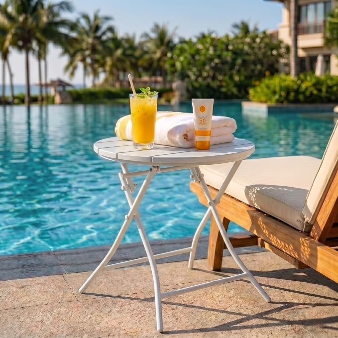 TeoKJ Folding Small Outdoor Side Tables, HDPS Patio Table with Metal Legs, Outdoor Small Round Table for Garden,Deck, No Assembly Patio Table Round Nightstand for Porch Yard Balcony Deck Lawn, White