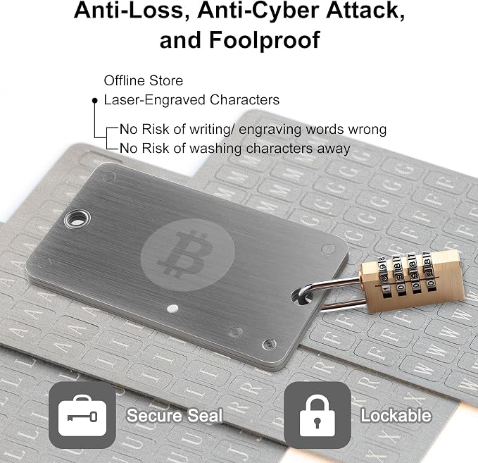 Crypto Seed Phrase Storage, 304 Stainless Steel Secure Bitcoin Wallet, Private Key Recovery Cold Storage Backup 3 Plates 24 Words Compatible with BIP39 Hardware Wallets, Ledger, Trezor