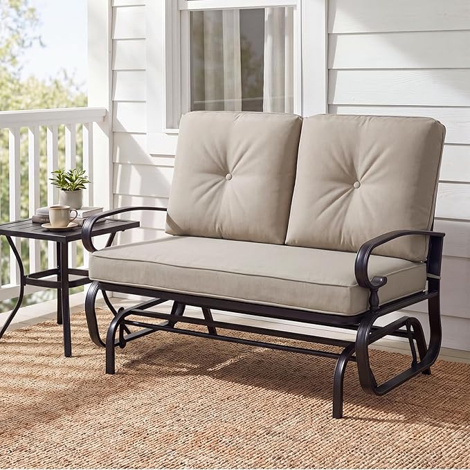 Giantex Outdoor Glider Bench, Patio 2 Person Loveseat with Removable Cushion, Thick Padded Seat, Stable Steel Frame, Outside Glider Swing Chair for Deck, Poolside, Yard, Balcony, Porch, Beige