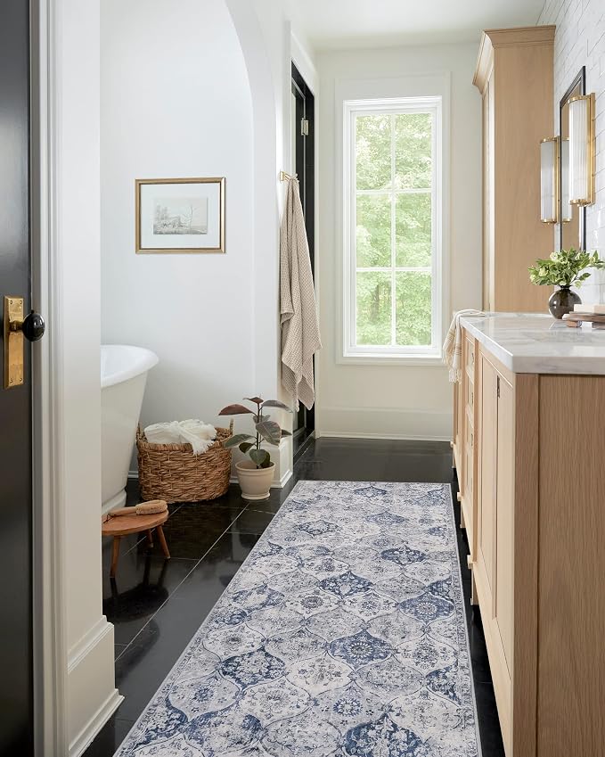 Lahome Moroccan Washable Runner Rug, 2x6 Blue Kitchen Runners for Hallways | Non Slip Trellis Vintage Laundry Room Ultra-Thin Carpet for Bathroom Bedroom Entryway Elise, White Royal Blue