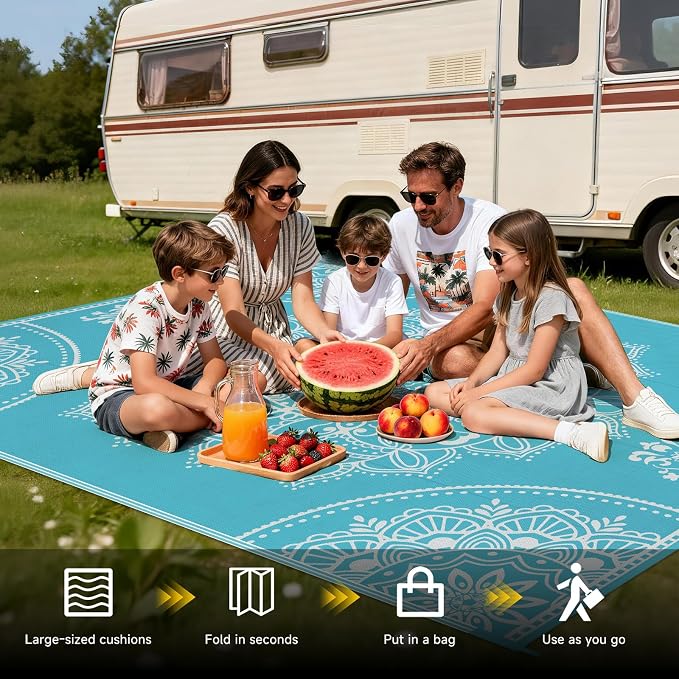 Pauwer Waterproof Outdoor Rug 8x10, Reversible Plastic Straw Patio Camping Rug, Indoor Outdoor RV Mat Carpet for Deck, Camper, Porch, Balcony, Backyard, Picnic, Floral Teal