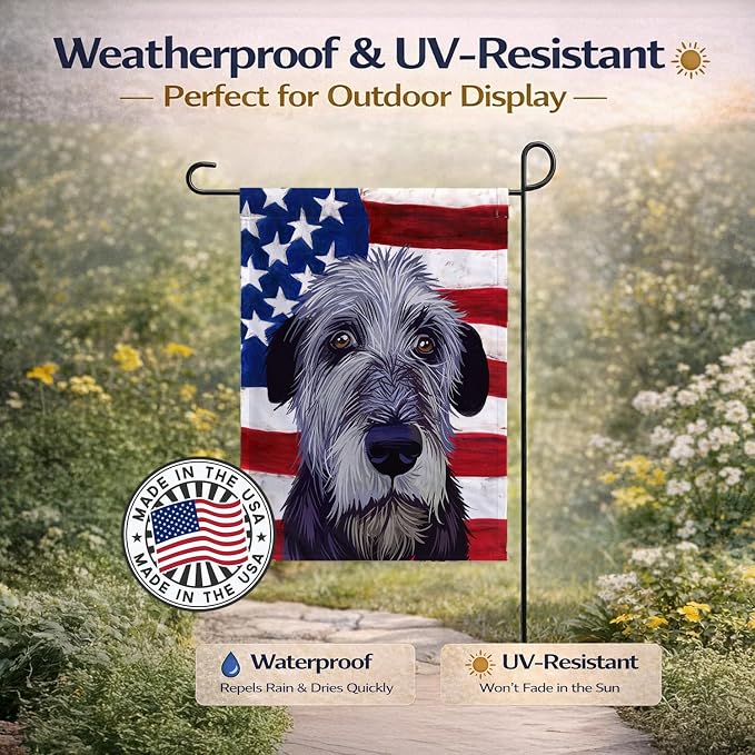 Caroline's Treasures CK6573GF Irish Wolfhound American Flag Garden Flag Mailbox Flag Decorative Yard Flag Banner Outside Patio Artwork Yard Flower Beds, Garden Size, Multicolor