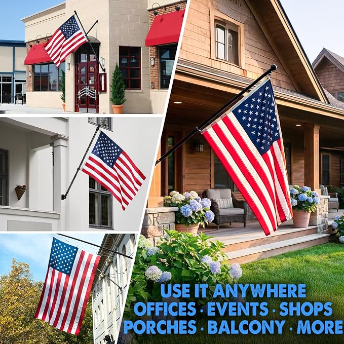 XIFAN American Flag with Pole Kit for Outside - 6FT Black Stainless Steel Flag Pole, 3x5FT Embroidered Flag, 180° Adjustable Bracket for House Porch, Residential Commercial Outdoor Use, Tangle Free