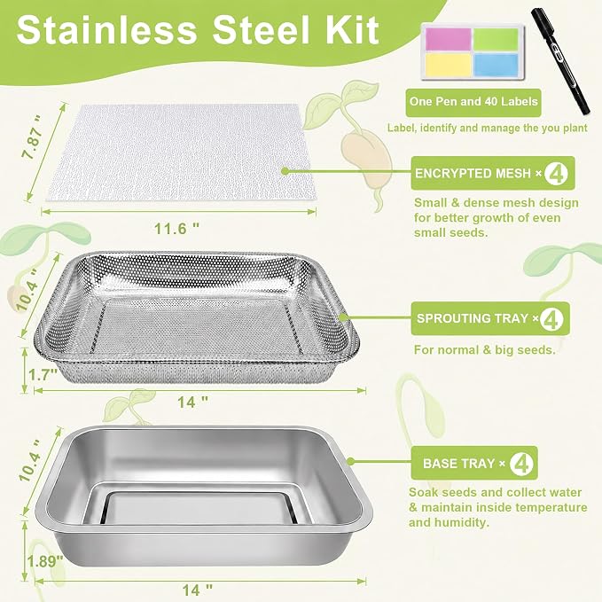 Stainless Steel Sprouts Growing Kit 4-Tier 14 inch Trays, Microgreens Growing Kit, Seed Sprouting Tray with Encrypted Mesh Sprouts for Beans Alfalfa Broccoli Wheat Grass