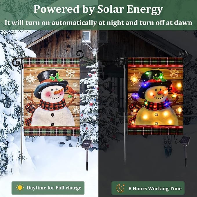 Lighted Christmas Garden Flag for Outside, Led Snowman Garden Flag, Winter Yard Flag 28x40 Double Sided for Outdoor Yard Porch Lawn Decoration