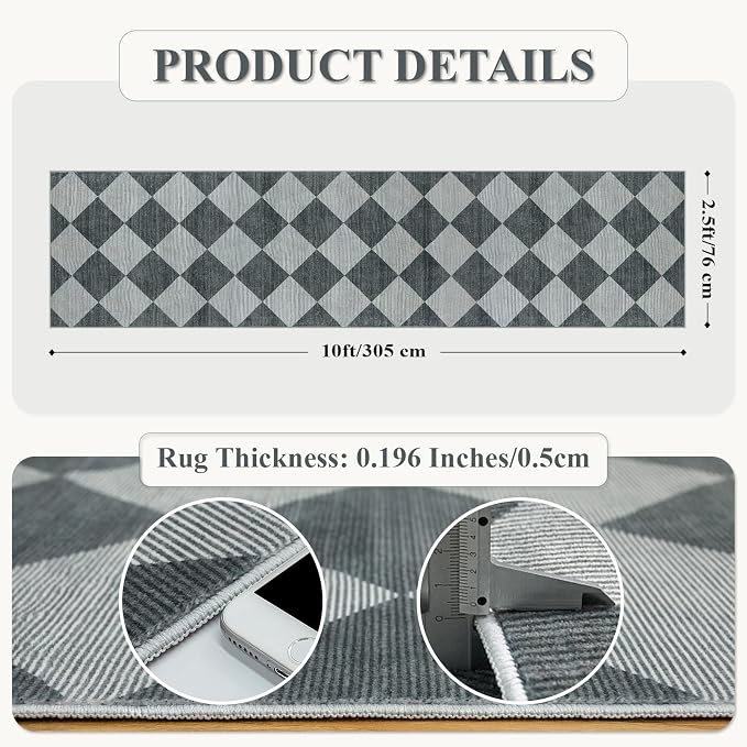 Beeiva Checkered Kitchen Runner Rug 2.5x10, Ultra Thin Washable Runners for Hallways Non Slip, Moroccan Trellis Print Non Shedding Kitchen Runner Rugs, Stain Resistant Blue/Grey Hallway Home Decor
