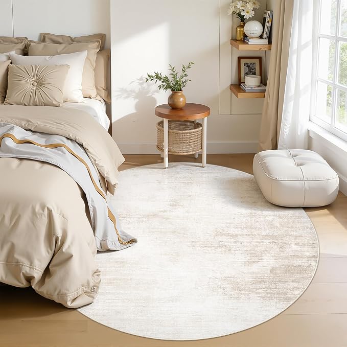 4ft Round Rug Living Room Area Rugs: Washable Modern Abstract Circle Rug Soft Non Slip Neutral Rugs Stain Resistant Indoor Carpet for Bedroom Kitchen Dining Room Home(Beige,4' Round)