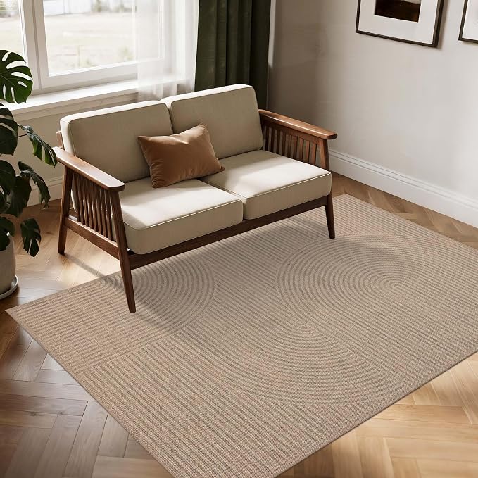 Easy Jute Rug 4x6 Outdoor: Natural Modern Area Rugs for Patio Porch Deck Linen-Look Fabric Durable - Neutral Washable Carpet for Entryway Living Room Bedroom Indoor Non Slip - Swirl Curved Pattern