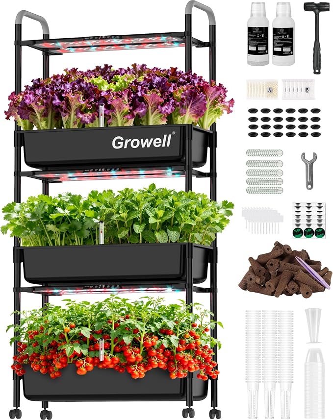 Growell 81 Pods Hydroponics Growing System Kit with Independent Water Pump | Vertical Indoor Herb Garden with 2 Light Modes & 2 Timer, Smart Water Circulation, 42L Water Tank, Movable & Space-Saving