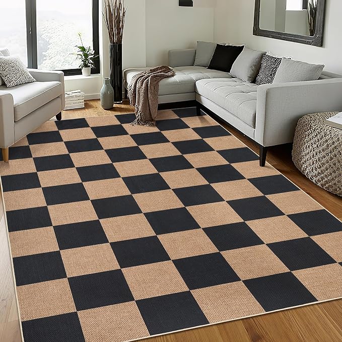 Garvee Easy Jute Outdoor Rug 5x7 Washable Modern Checkered Rugs，Black/Brown | Living Room Non-Slip Farmhouse Checkered Outdoor Mat Neutral Floor Carpet for Bedroom Patio Dining Room Backyard