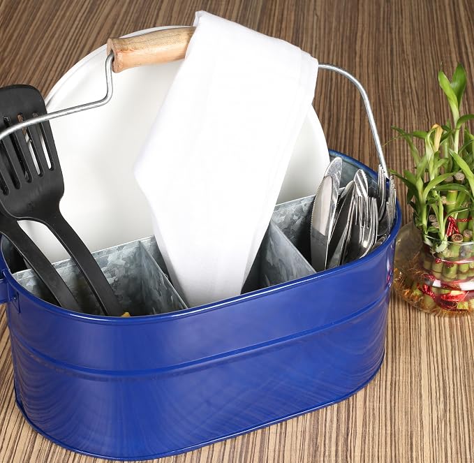 Alpha Living Home 4 -Section Galvanized Utensil Silverware Caddy - Farmhouse Organizer with 4 Compartments and Wooden Handle - Versatile Storage for Kitchen, Outdoor & Party Essentials (Blue)