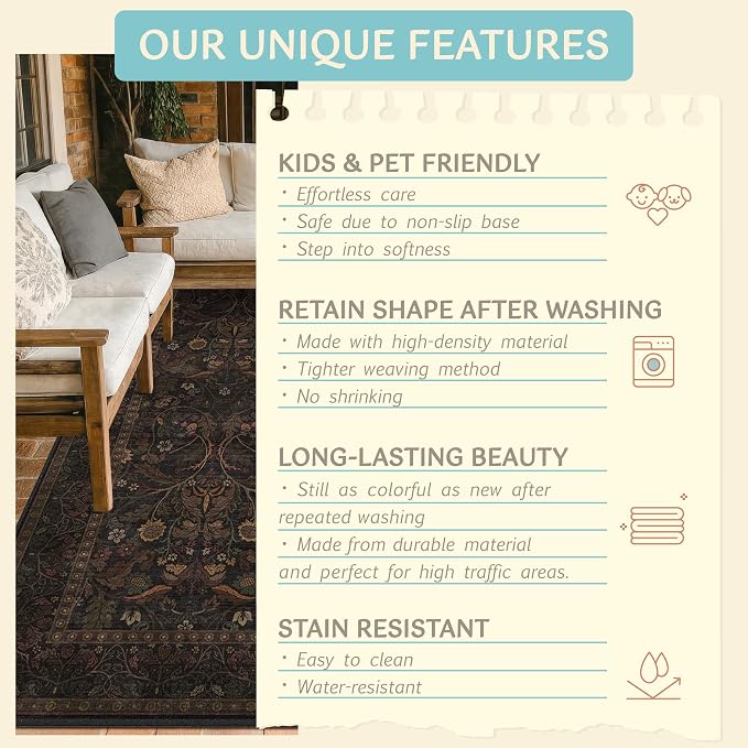 Rustic Brown 3x4 Large Washable Entryway Rug Indoor - Stain Resistant Kitchen Sink Floor Mat Non Slip, Dark Floral Pattern Cabin Area Rug for Bedroom Beside Bed, Mudroom