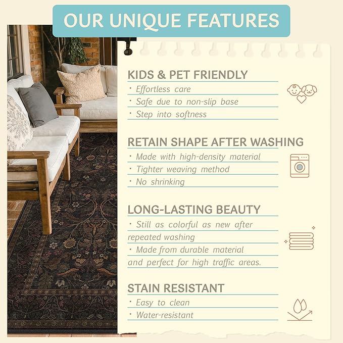 Washable 3x6 Wide Kitchen Entryway Runner Rug Non Slip - Dark Brown Vintage Floral Hallway Rugs, Farmhouse Low Pile Runner for Bedroom, Laundry Room, Bathroom, Kitchen Soft Stain Resistant Carpet